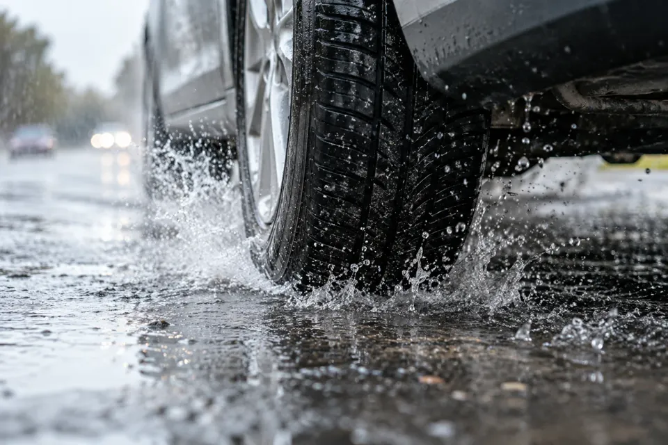 Neumático pisando una calle mojada bajo la lluvia