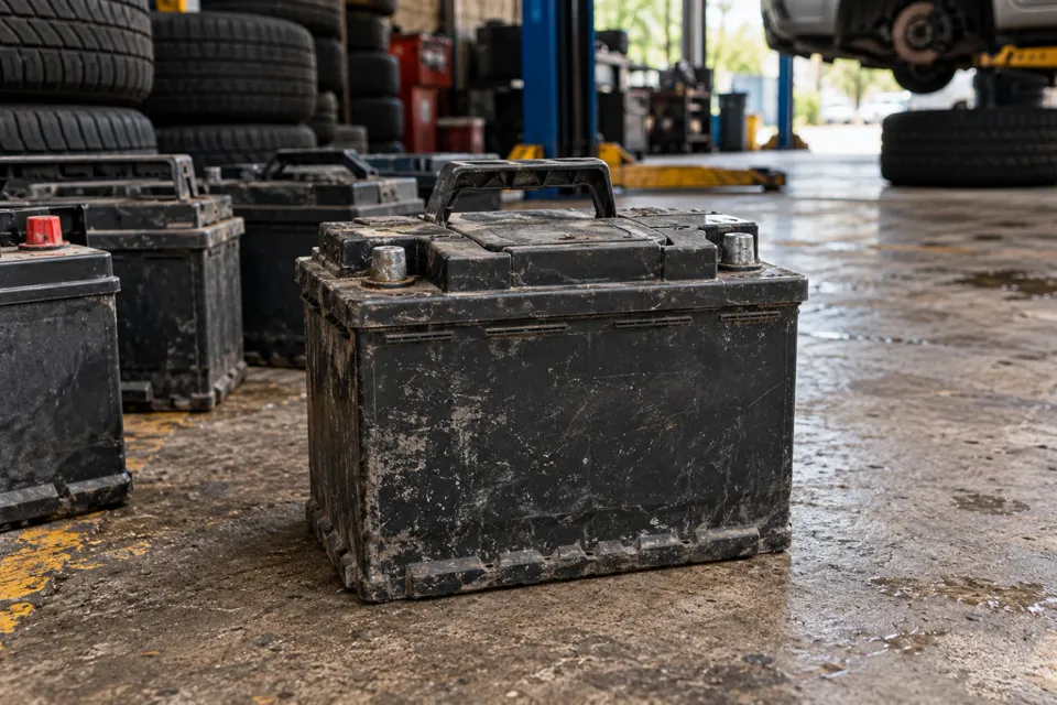 Batería de auto usada en el piso de una gomería