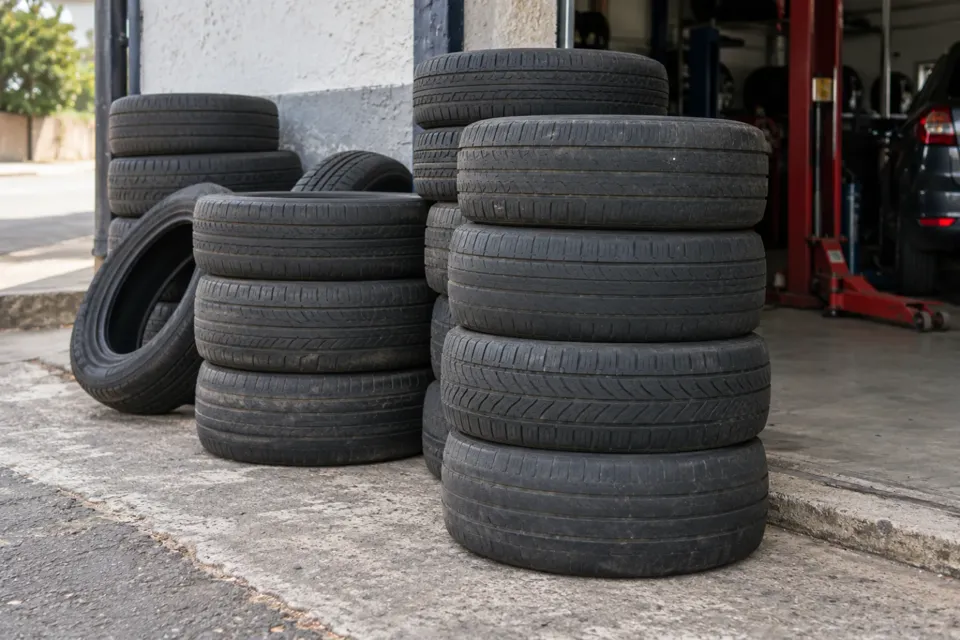 Pila de neumáticos usados al costado de una gomería