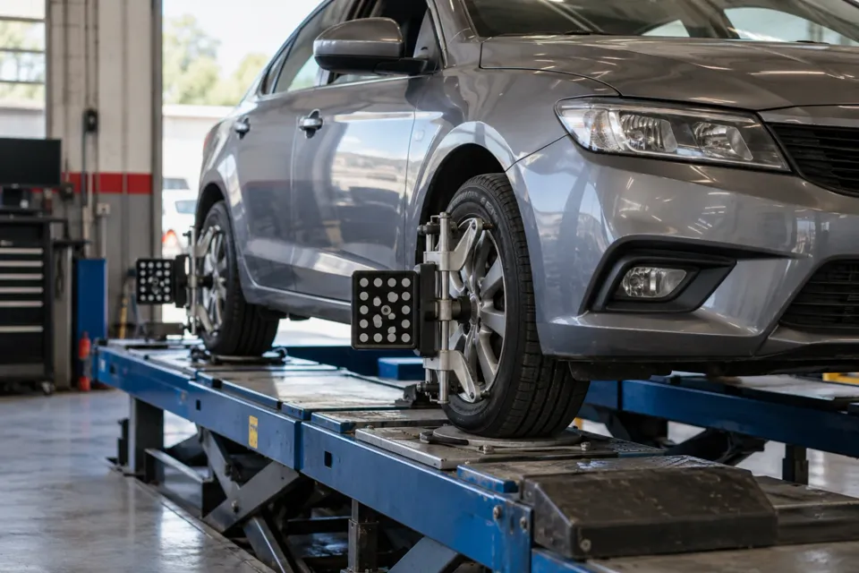 Auto en una máquina de alineación con sensores en las ruedas