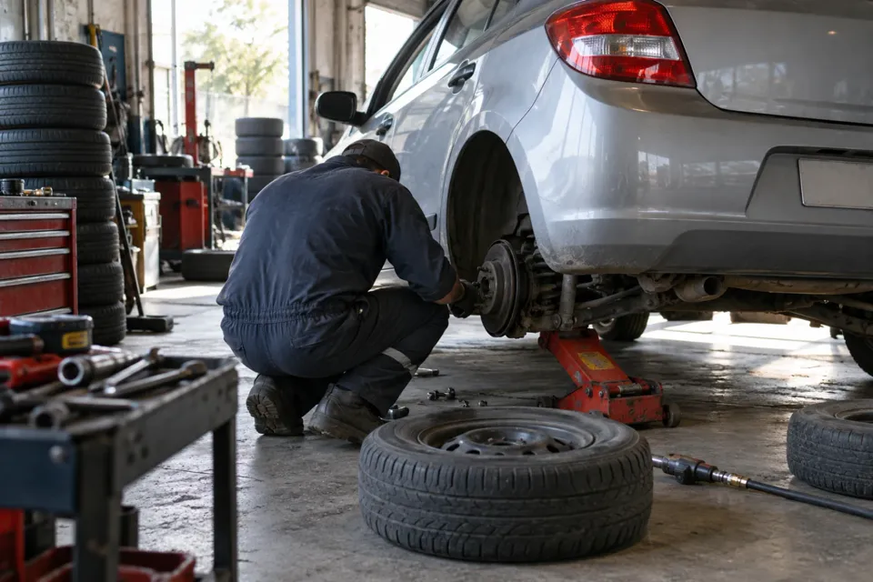 Interior de una gomería con neumáticos y un auto levantado